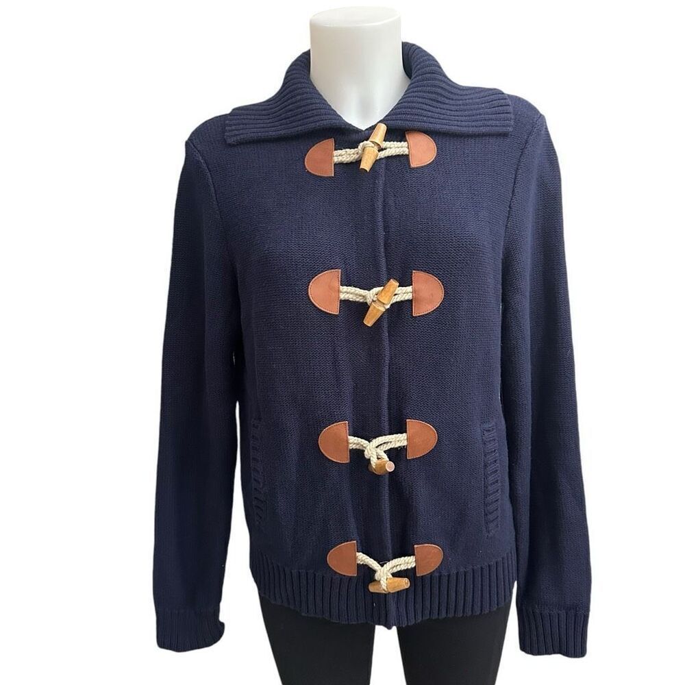 Ralph Lauren‎ Vintage Blue Sweater Chunky Heavy Knit 100% Cotton Toggle up sz L